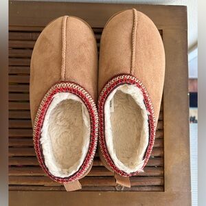 SOLD | Cozy Tan Slippers with Red Trim